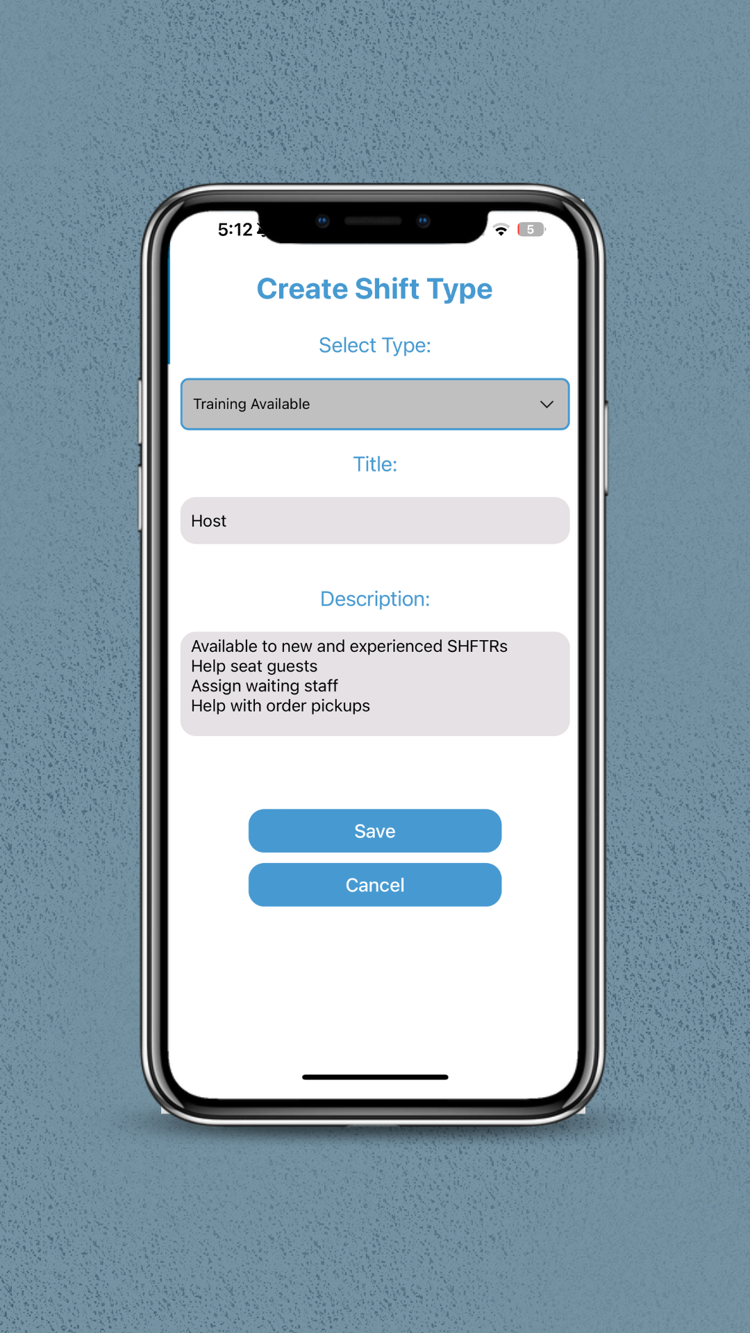 Create shift type screen